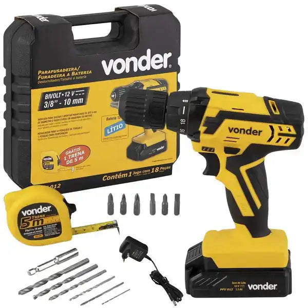 Furadeira e Parafusadeira à Bateria 12V Bivolt PFV 012 Kit Brocas Bits e Trena VONDER